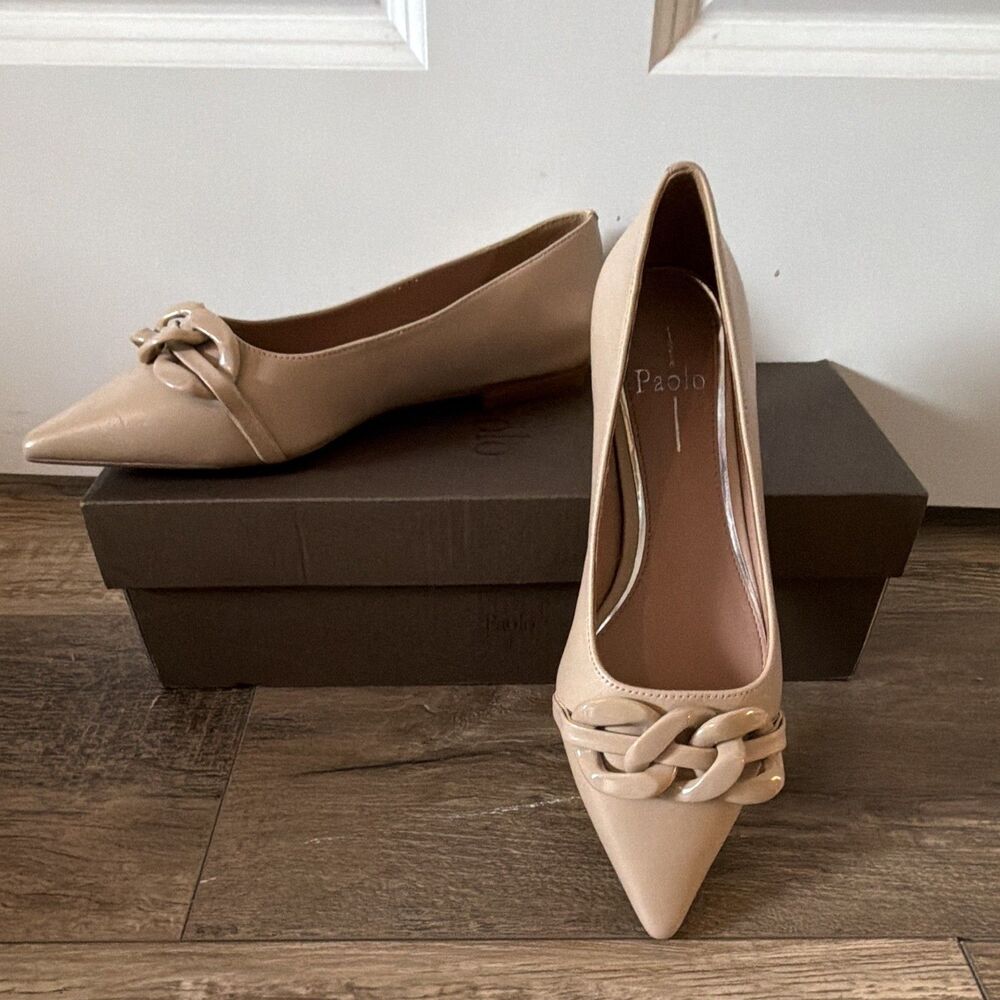LINEA PAOLO Nora-L Nude Nappa Leather Chain Pointed Toe Flats Women Size 7M Box